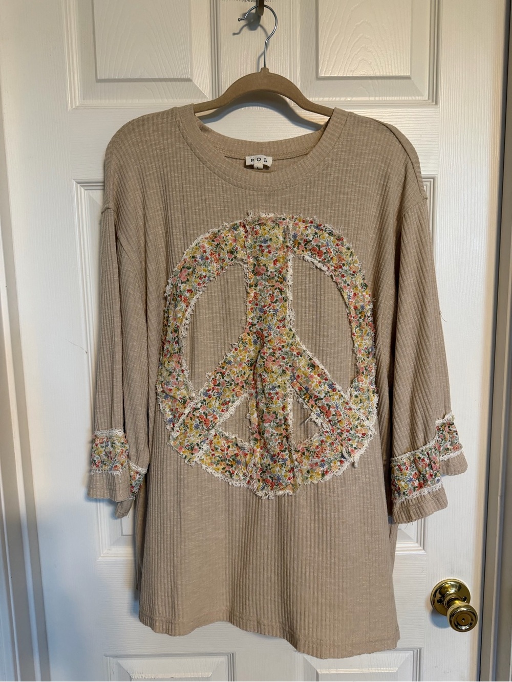 POL Beige Ribbed Tunic with Floral Peace Appliqué